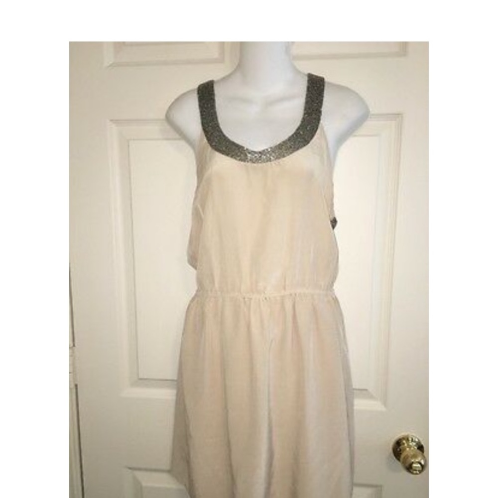 RORY BECA Grecian Gunmetal Beaded On Beige Nude Silk Mini Dress M